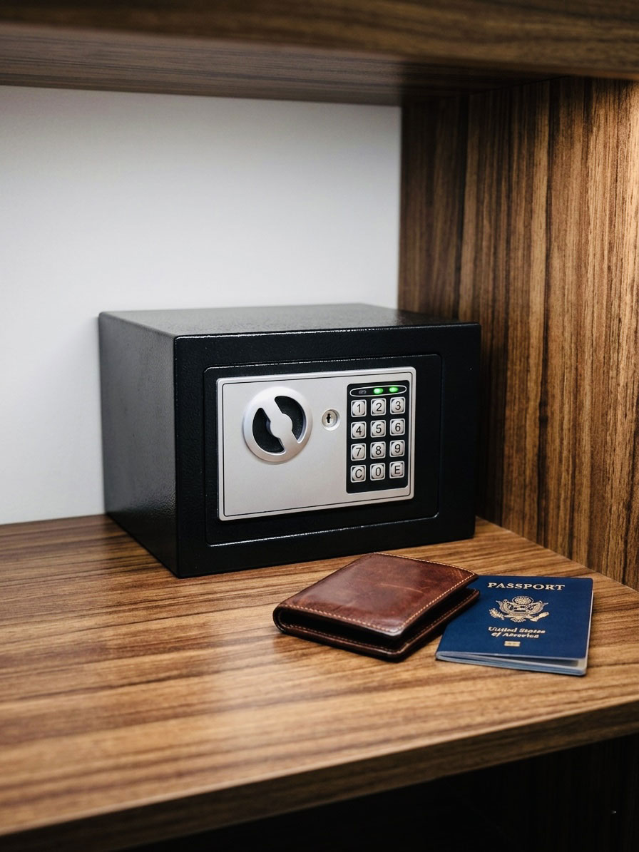 In-room secure safe box vacation home
